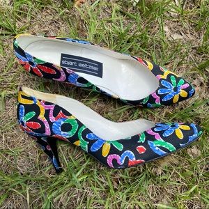 STUART WEITZMAN Vintage Retro Floral Colorful Satin Heels Size 6.5 Classic